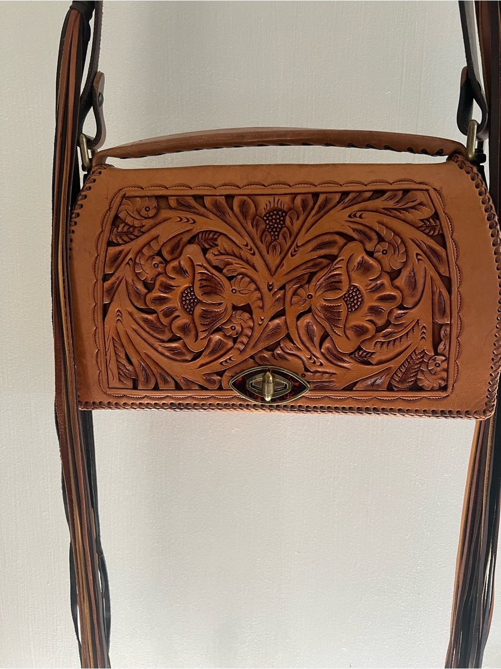 Vintage Hand-Tooled Leather Crossbody Bag in Tan